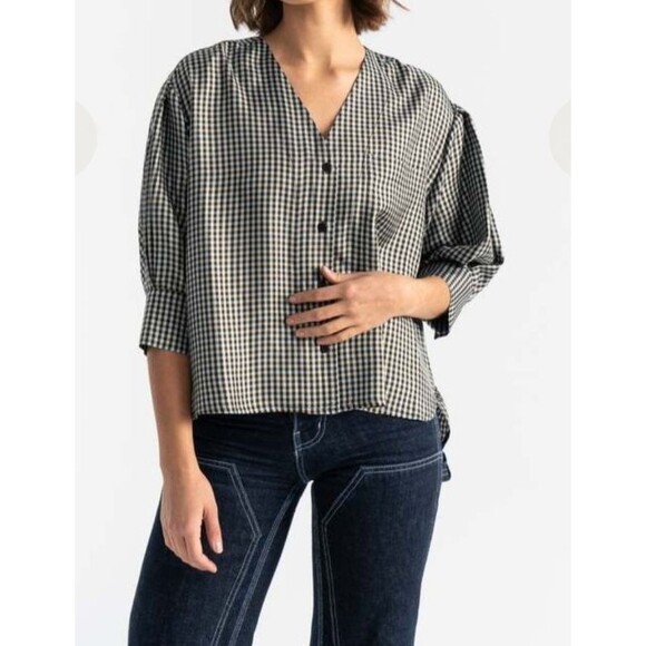 No. 6 Store Tops - No. 6 Store 100% Silk Turin Top Blouse Large Gingham Check 3/4 Sleeve Button Up